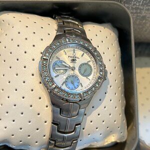 Fossil Blue Stainless Steel Crystal Bezel Watch w/ Date • 100M • Box